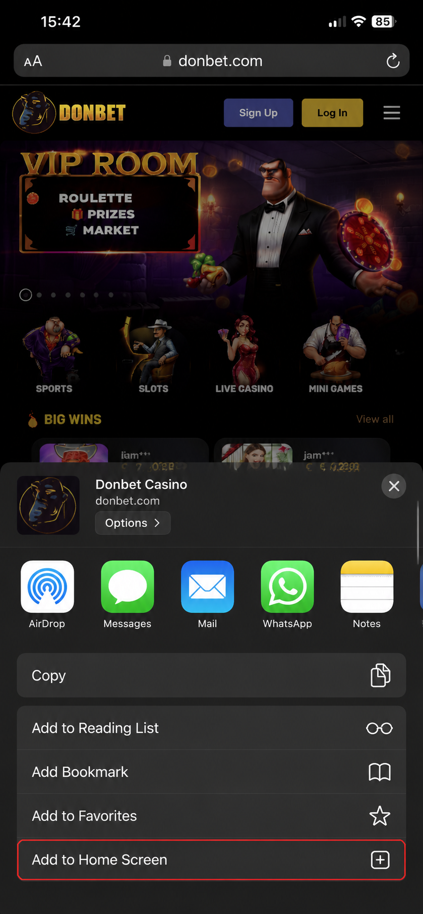 Menu di condivisione di Safari su iPhone con Aggiungi a Home