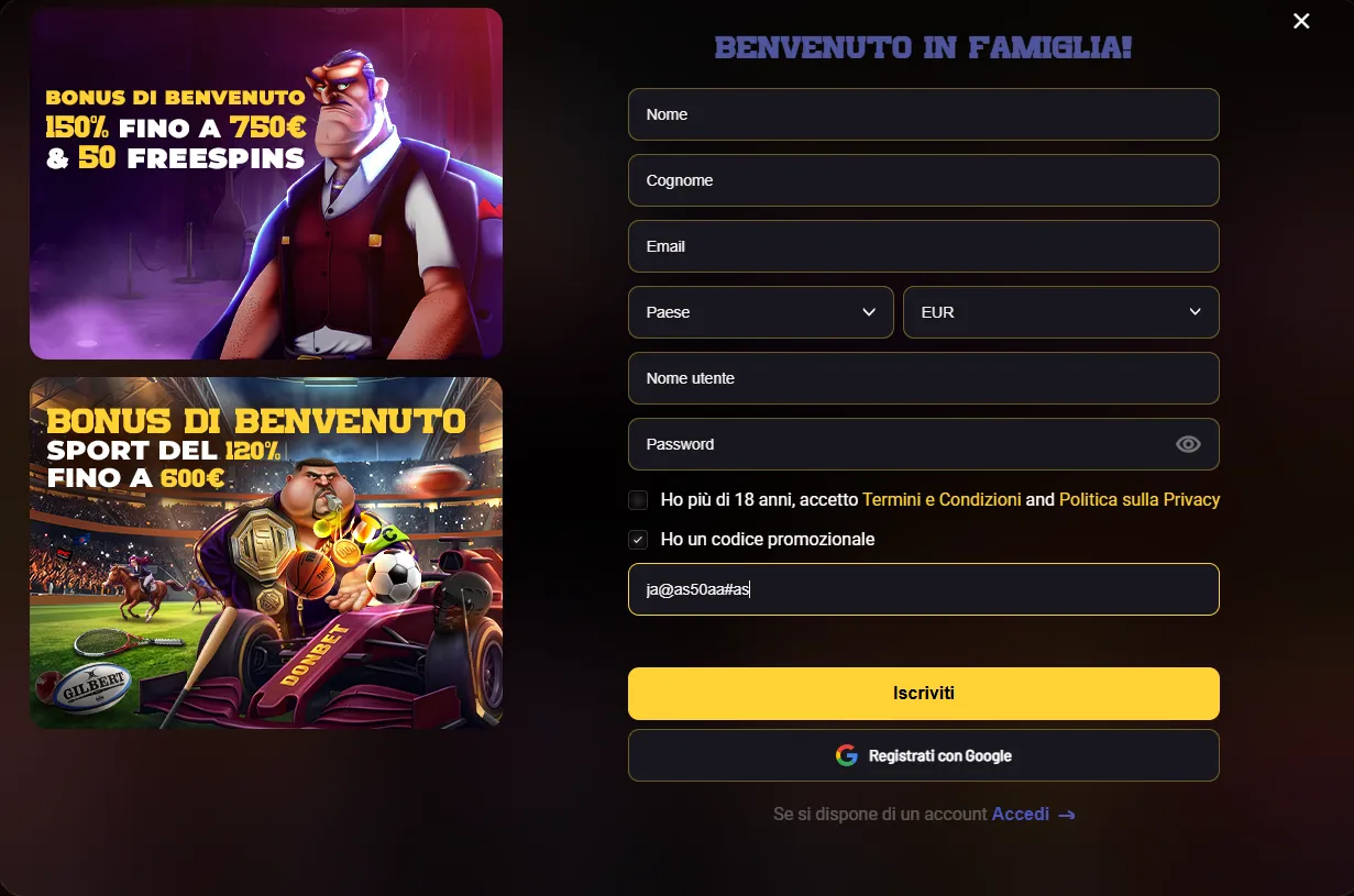 Modulo di registrazione Donbet con la casella del codice promozionale spuntata