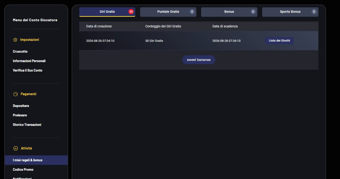 Pagina dei 50 giri gratis nel conto giocatore Donbet