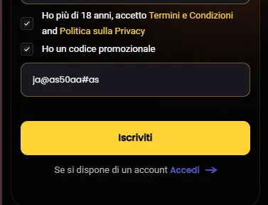 Campo del codice promozionale Donbet compilato con ja@as50aa#as