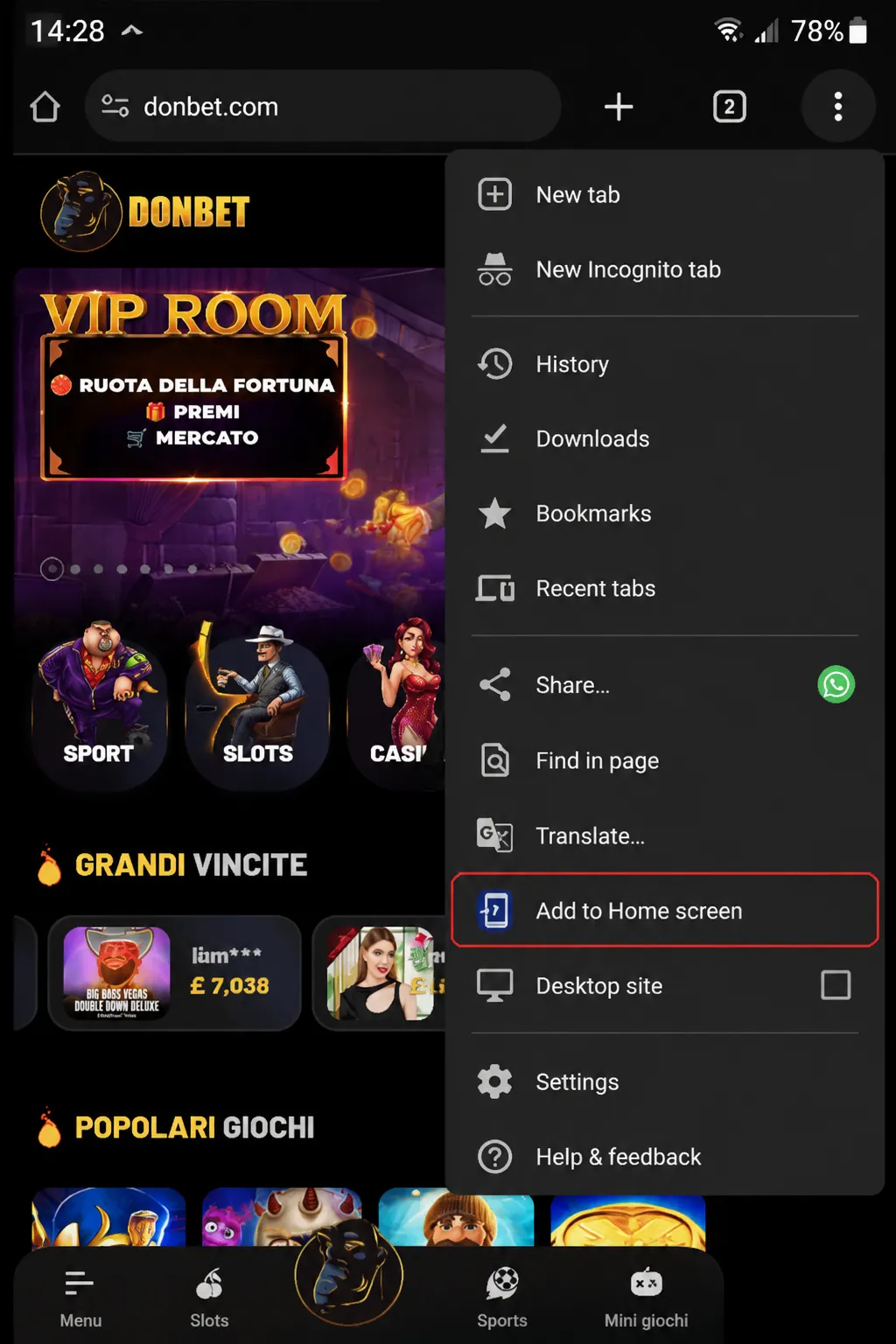 Menu di Chrome su Android con Aggiungi a schermata Home